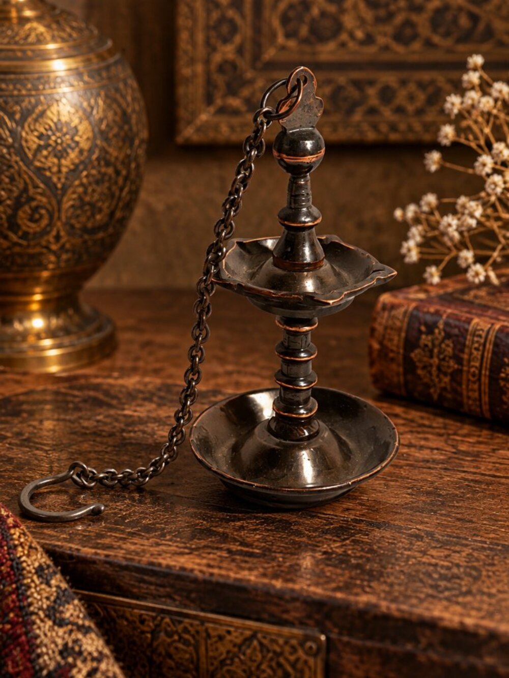 Vintage Brass Hanging Oil Lamp with Chain and Hook